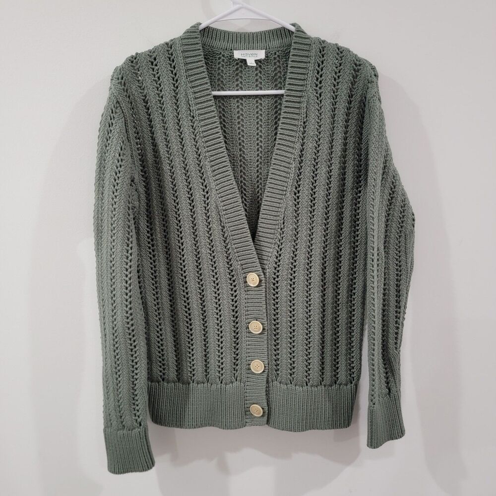 Womens Cardigan Sweater Size Small Forest Green Open Knit Heavy Boho Indie Fairy